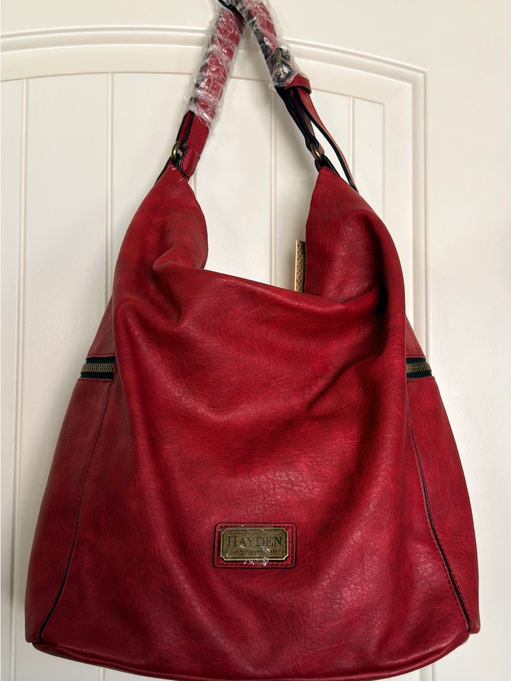 Hayden Red Faux Leather Hobo with Brass Accent